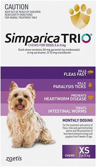 Simparica Trio Flea, Tick and Worming Chews for Dogs 2.6-5 Kg, Purple (Pack of 3)